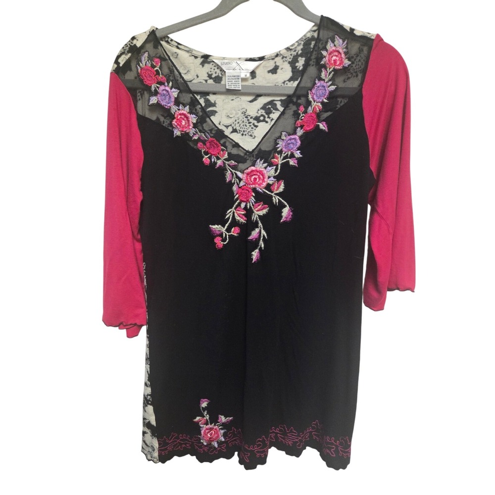Vintage Y2K Fairycore Black Floral Embroidered Mesh V-Neck Sleeve Tunic Top M‎